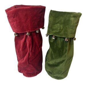Pottery Barn Christmas Velvet Wine Bags Lot of 2 Red Green Jingle Bells Holiday
